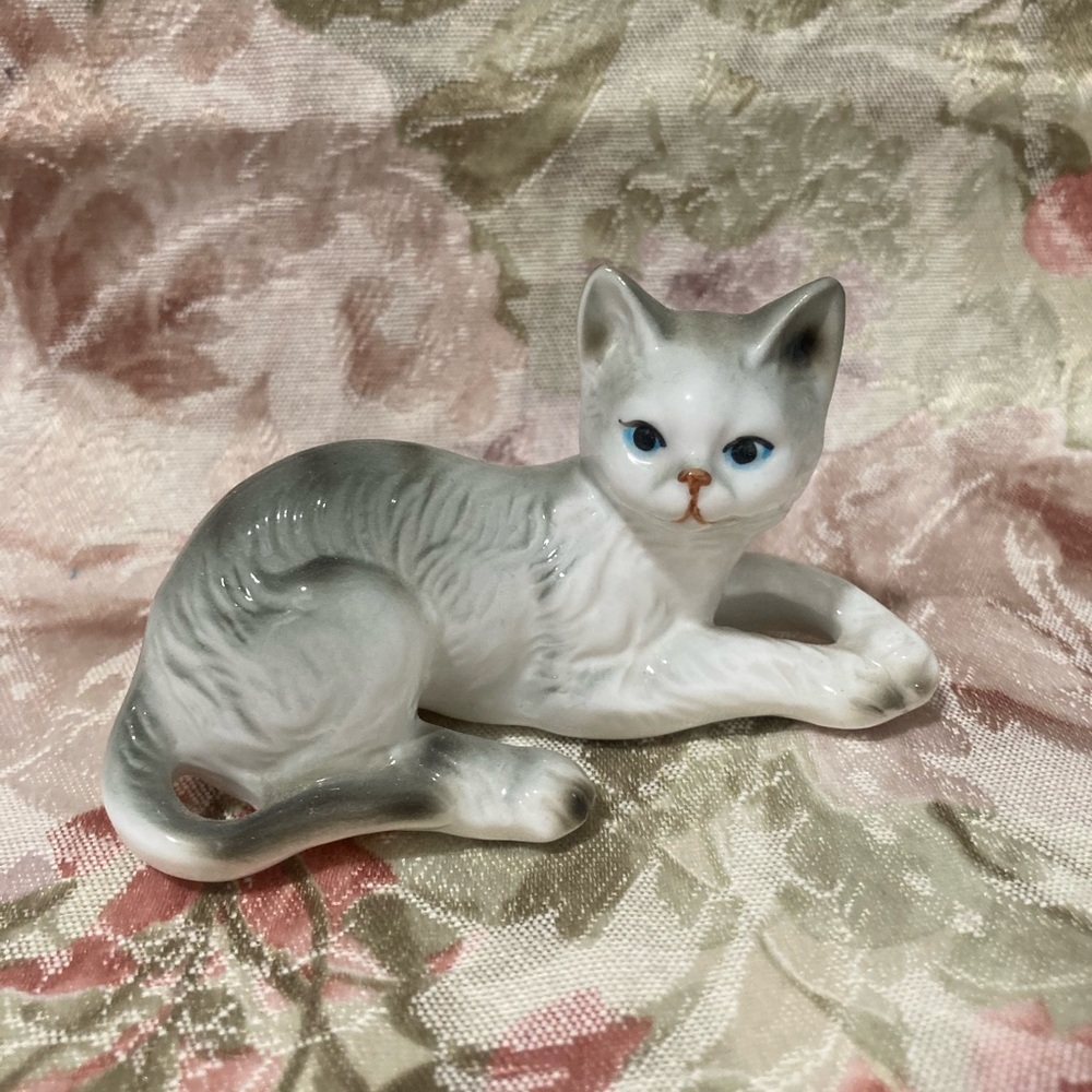 Vintage Bone China Grey Cat Figurine